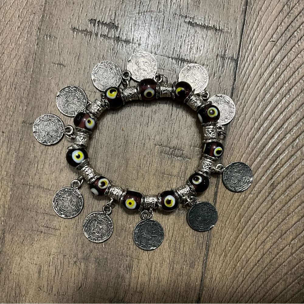 Evil Eye Beads  Faux Turkish Coins Medallion Stretch Bracelet Boho